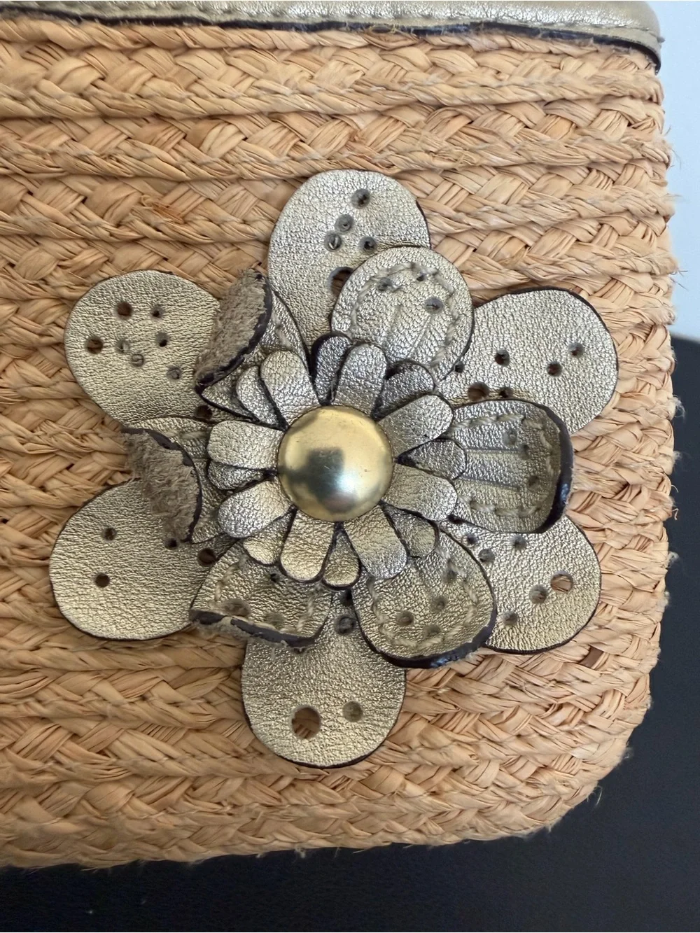 Coach Straw Floral Wristlet Metallic Leather Flower Wrist Strap